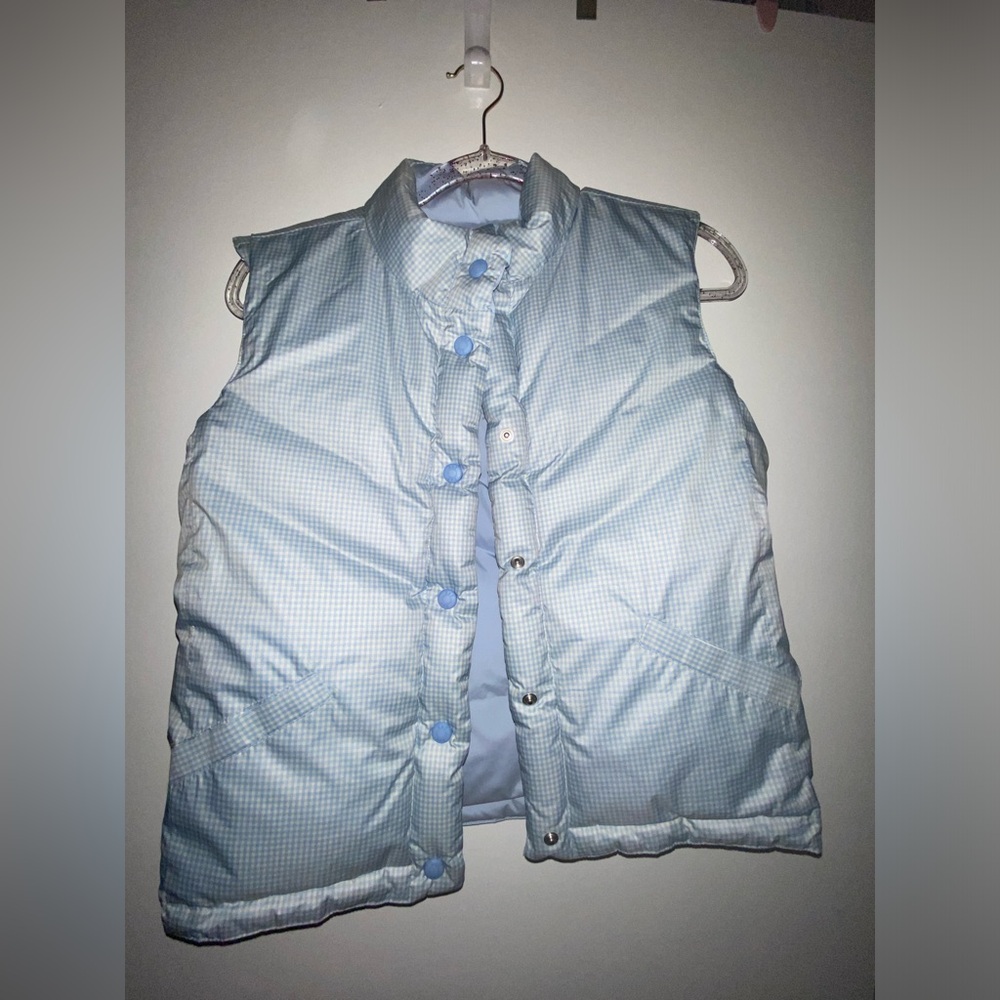 GAP Kids Light Blue & Gingham Puffy Reversible Down Puffer Vest XXL Discontinued